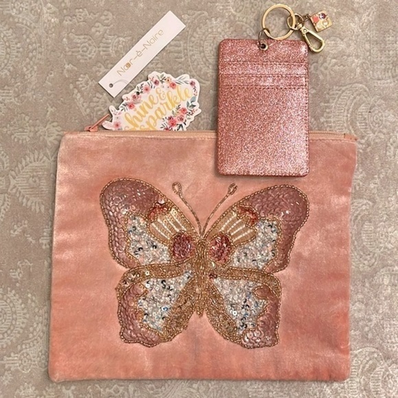 Brand New Set of Velvet Beaded Butterfly Zippered Pouch & Glitter Card Key Case - Picture 1 of 14